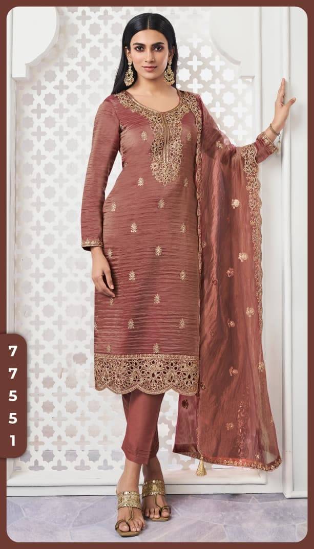 KULEESH - ZIANA by by vinay fashion 77551 To 77554 Designer Festive Suits Collection Beautiful Stylish Fancy Colorful Party Wear & Occasional Wear EMBROIDERED SOFT GOLD SILK Dresses At Wholesale Price